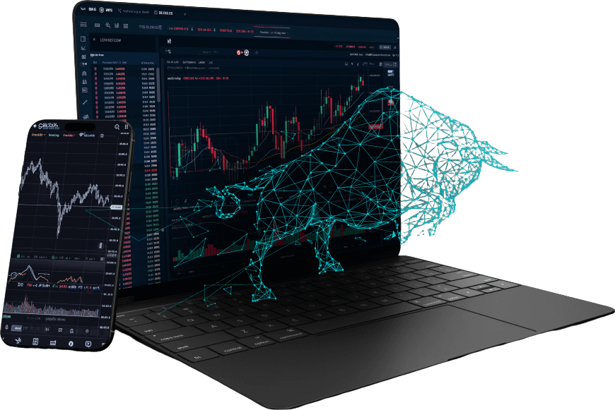 Bull comes from laptop and phone displaying forex charts